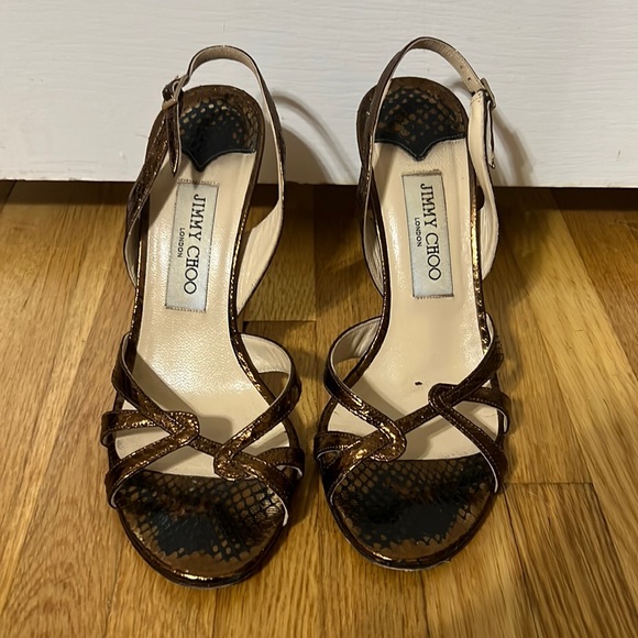Jimmy Choo Metallic Bronze Embossed Python Leather Sling Back Heels 37.5 - Picture 1 of 5
